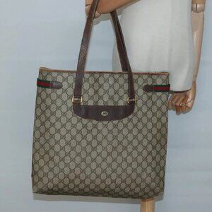 GUCCI GG Supreme Web Sherry Line Tote Bag PVC Beige Gold 39 02 091 Auth